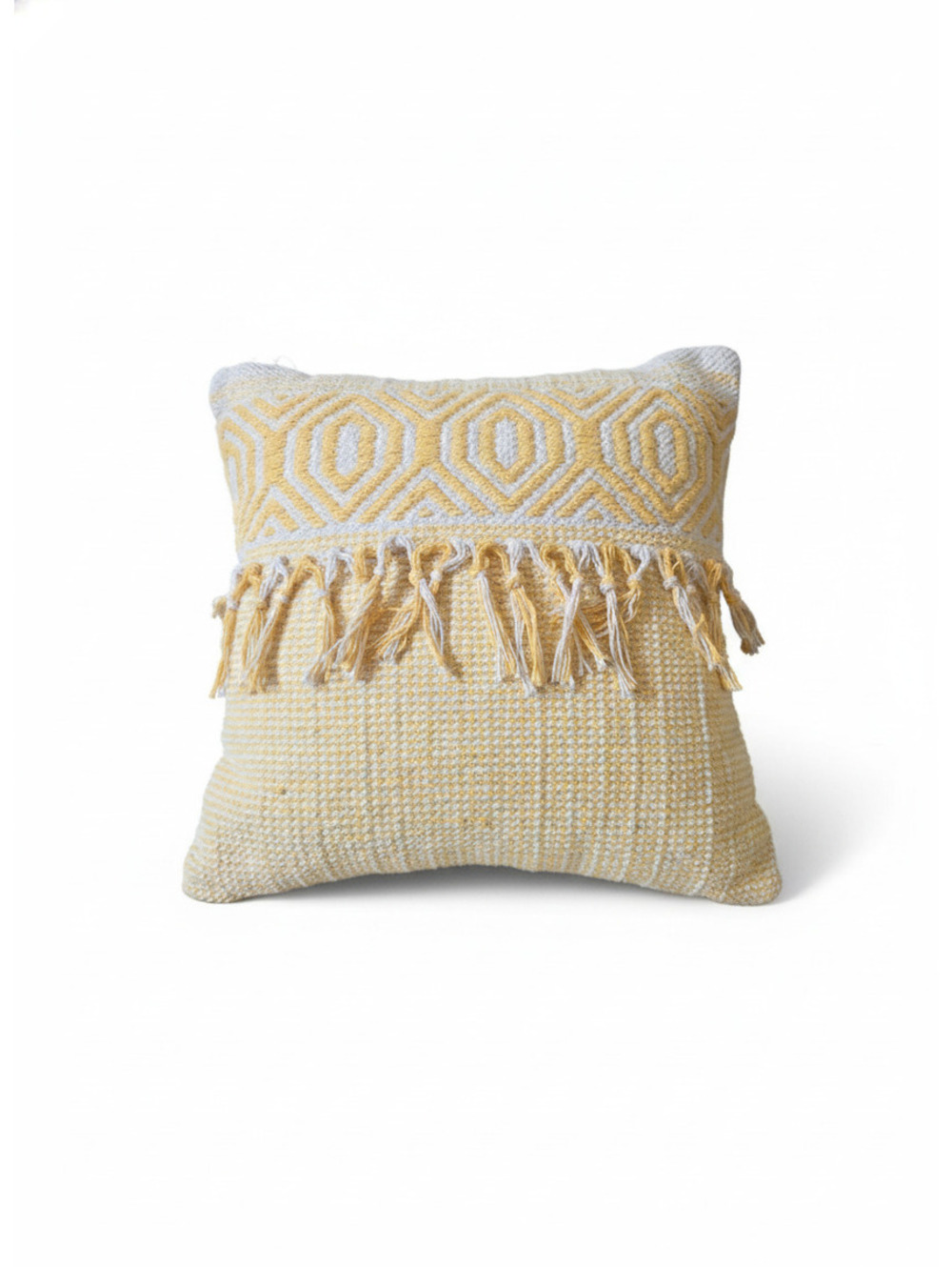 NWT Handwoven Yellow and White Decorative Throw Pillow with Fringe